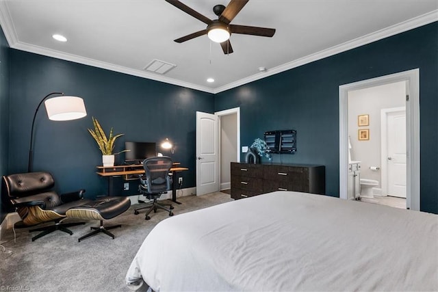 6605 Hedgerow Ct, Summerfield, NC 27358 - carpeted bedroom featuring crown molding, baseboards, recessed lighting, a ceiling fan, and ensuite bathroom