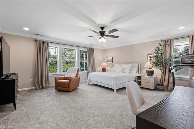 6605 Hedgerow Ct, Summerfield, NC 27358 - bedroom with carpet flooring, crown molding, baseboards, a ceiling fan, and recessed lighting