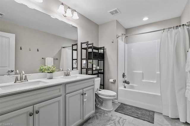 6605 Hedgerow Ct, Summerfield, NC 27358 - full bath with toilet, double vanity, and shower / bathtub combination with curtain