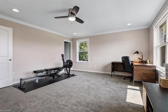 6605 Hedgerow Ct, Summerfield, NC 27358 - workout area with ornamental molding, baseboards, ceiling fan, carpet floors, and recessed lighting