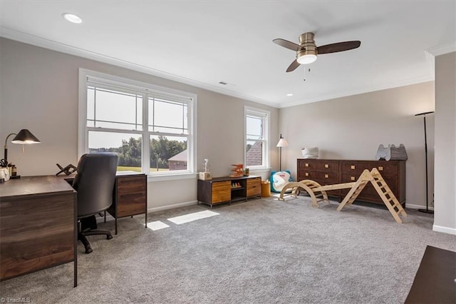 6605 Hedgerow Ct, Summerfield, NC 27358 - carpeted office space with crown molding, a ceiling fan, baseboards, and recessed lighting
