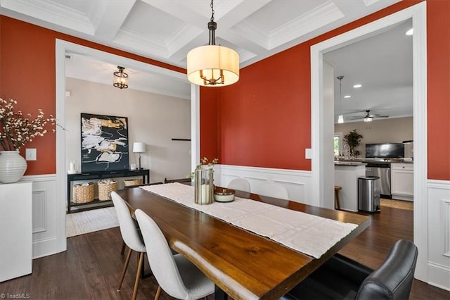 6605 Hedgerow Ct, Summerfield, NC 27358 - dining area featuring beam ceiling, dark wood finished floors, a wainscoted wall, ceiling fan, and a decorative wall