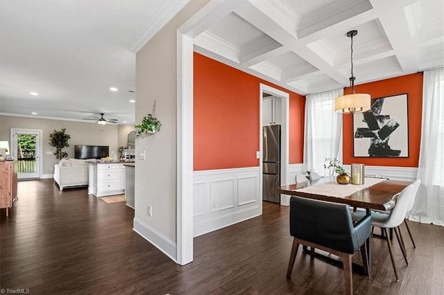 6605 Hedgerow Ct, Summerfield, NC 27358 - dining room featuring recessed lighting, beam ceiling, dark wood-style flooring, crown molding, and a ceiling fan