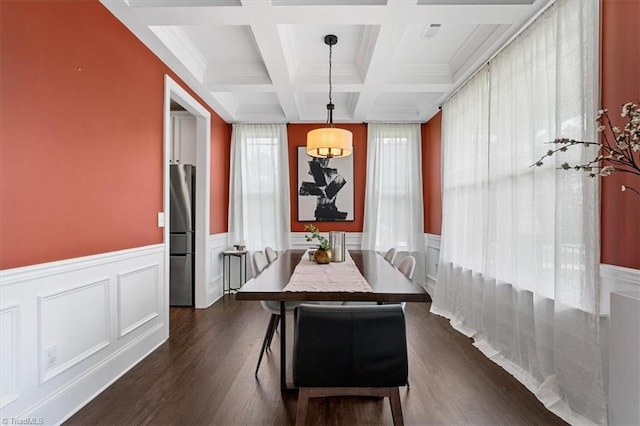 6605 Hedgerow Ct, Summerfield, NC 27358 - dining room featuring beamed ceiling, coffered ceiling, dark wood-style floors, and wainscoting