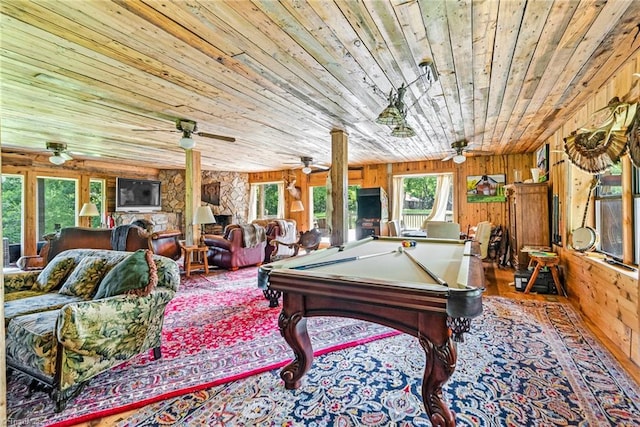 1215 Single Tree Rd, Westfield, NC 27016 - recreation room with wooden ceiling, a ceiling fan, wooden walls, pool table, and wood finished floors