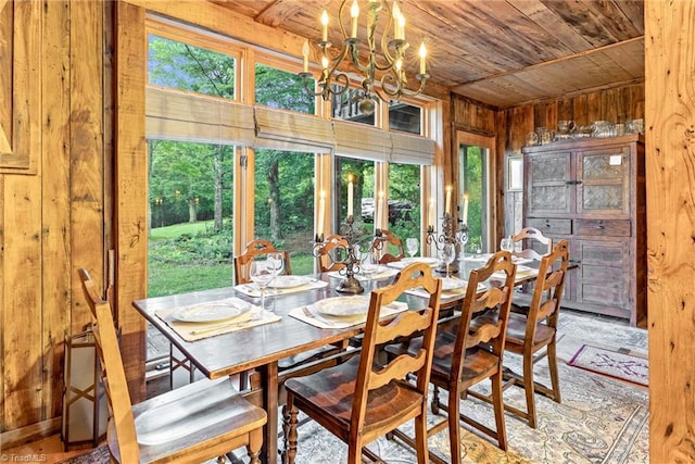 1215 Single Tree Rd, Westfield, NC 27016 - dining room with wood ceiling, a chandelier, and wood walls