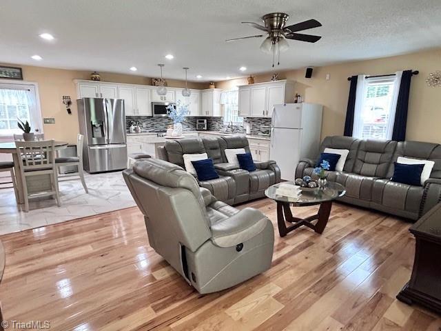 1320 Little Gate Dr, Asheboro, NC 27205 - living room featuring healthy amount of natural light, a ceiling fan, light wood-type flooring, and recessed lighting