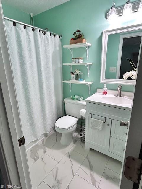 1320 Little Gate Dr, Asheboro, NC 27205 - bathroom featuring marble finish floors, vanity, a shower with shower curtain, and a textured ceiling