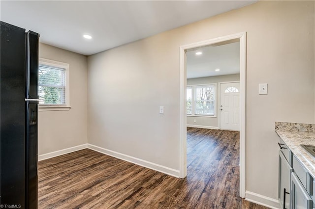 interior space featuring light stone countertops, baseboards, dark wood finished floors, and freestanding refrigerator