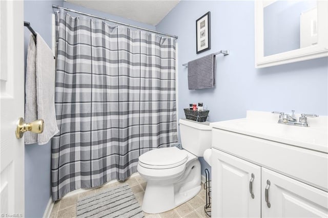 bathroom with vanity, a shower with shower curtain, tile patterned flooring, and toilet