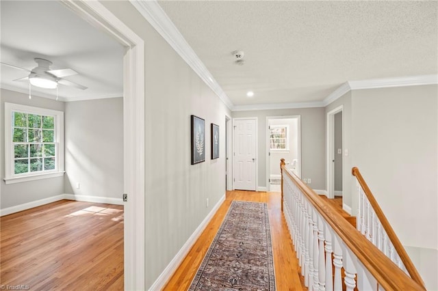 hall with crown molding, a textured ceiling, and light wood-type flooring