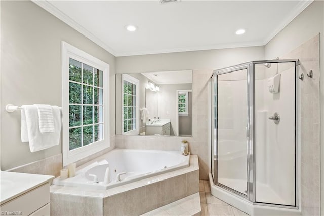 bathroom featuring vanity, crown molding, and a wealth of natural light