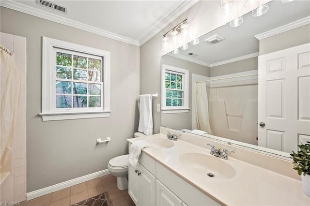 bathroom with tile patterned flooring, vanity, a shower with curtain, and ornamental molding