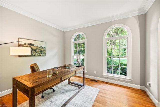 office space featuring ornamental molding and light hardwood / wood-style floors