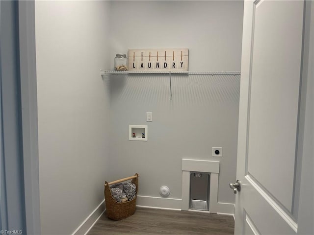 213 Cason Dr, Gibsonville, NC 27249 - laundry room featuring washer hookup, dark wood-style floors, hookup for an electric dryer, gas dryer hookup, and baseboards
