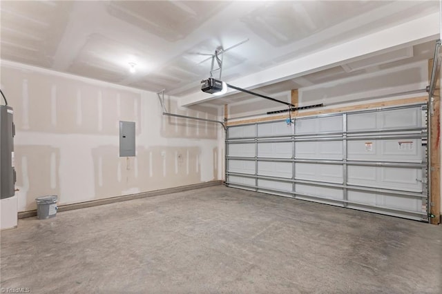 garage with electric panel and a garage door opener