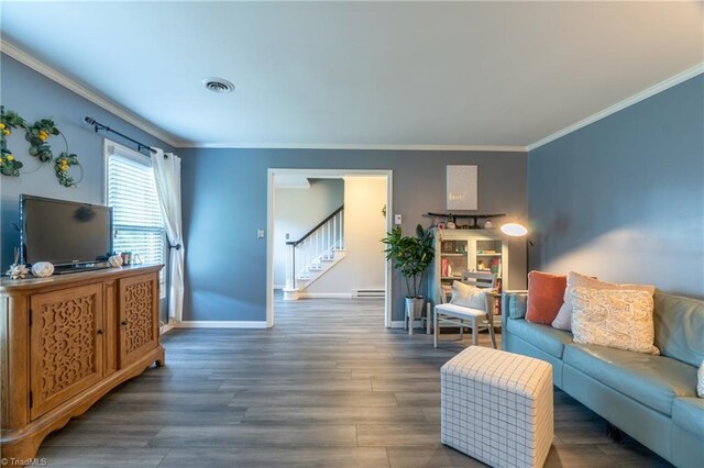 4905 Deer Pointe Ct, Greensboro, NC 27406 - living area with visible vents, crown molding, wood finished floors, and stairway