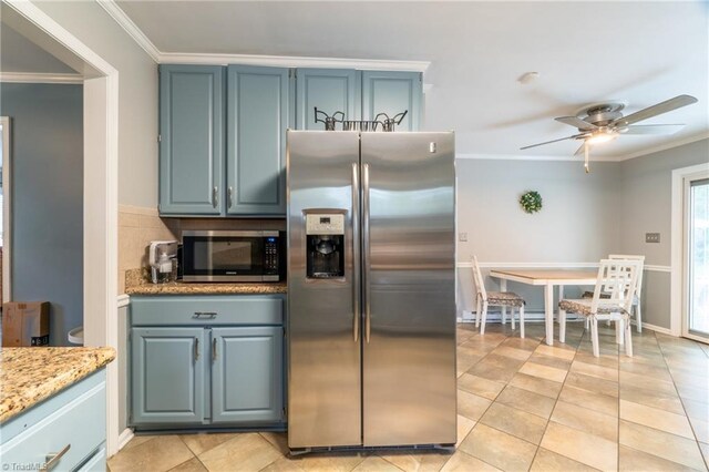 4905 Deer Pointe Ct, Greensboro, NC 27406 - kitchen featuring backsplash, ceiling fan, ornamental molding, and stainless steel appliances