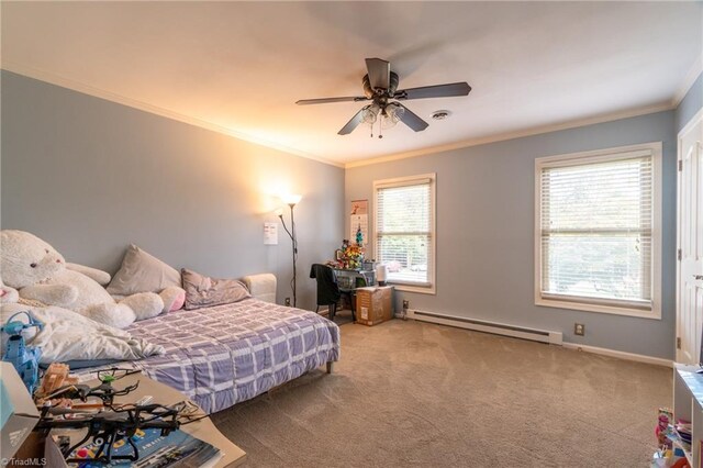 4905 Deer Pointe Ct, Greensboro, NC 27406 - carpeted bedroom featuring ornamental molding, baseboards, a baseboard heating unit, and ceiling fan
