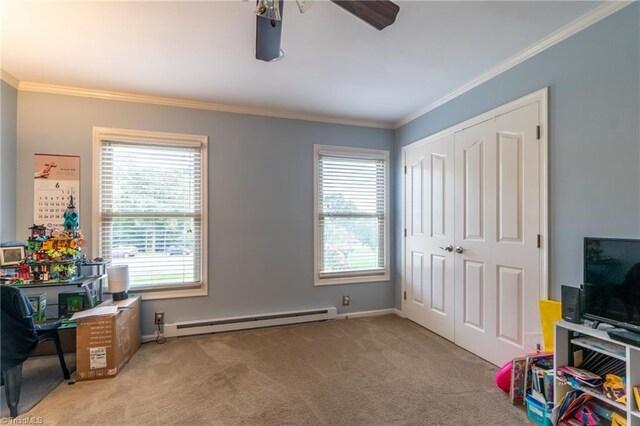 4905 Deer Pointe Ct, Greensboro, NC 27406 - interior space featuring ornamental molding, carpet, baseboards, ceiling fan, and a baseboard radiator