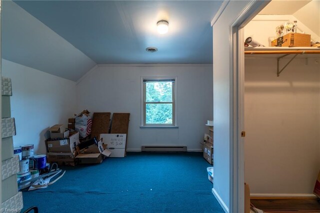 4905 Deer Pointe Ct, Greensboro, NC 27406 - additional living space featuring lofted ceiling, baseboards, carpet floors, visible vents, and baseboard heating
