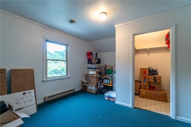4905 Deer Pointe Ct, Greensboro, NC 27406 - bedroom with visible vents, baseboards, vaulted ceiling, and baseboard heating