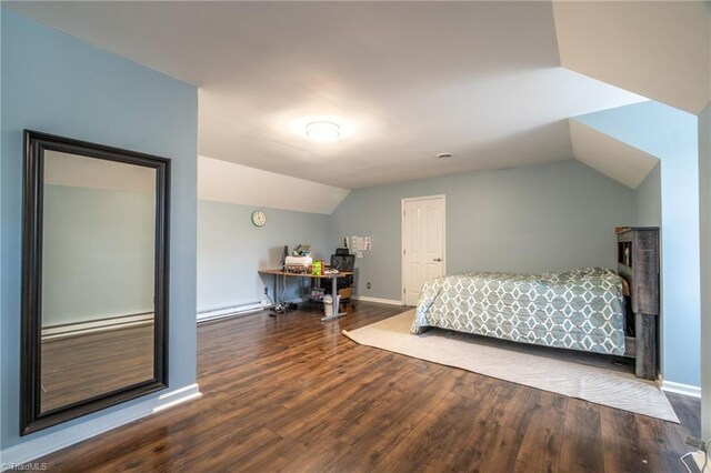 4905 Deer Pointe Ct, Greensboro, NC 27406 - bedroom with baseboards, lofted ceiling, wood finished floors, and baseboard heating
