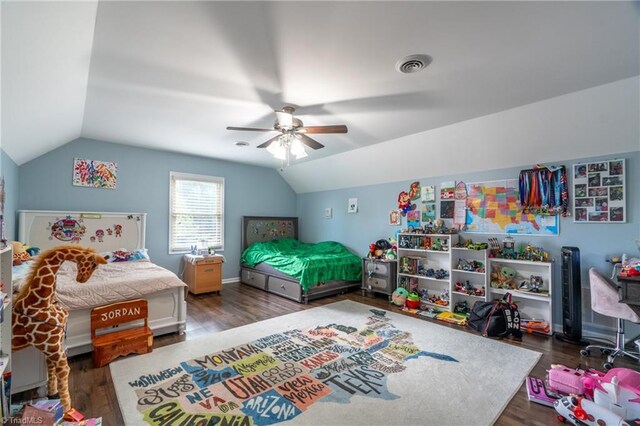 4905 Deer Pointe Ct, Greensboro, NC 27406 - bedroom with visible vents, a ceiling fan, wood finished floors, and vaulted ceiling