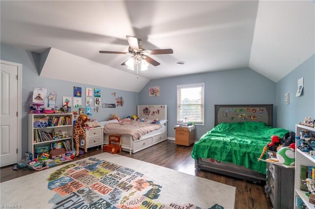 4905 Deer Pointe Ct, Greensboro, NC 27406 - bedroom featuring wood finished floors, vaulted ceiling, and a ceiling fan