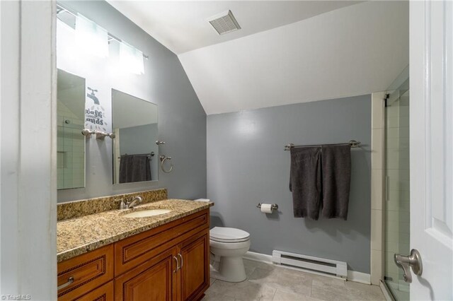 4905 Deer Pointe Ct, Greensboro, NC 27406 - bathroom with toilet, lofted ceiling, a shower with shower door, visible vents, and a baseboard heating unit