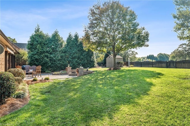 view of yard with a patio and a storage shed