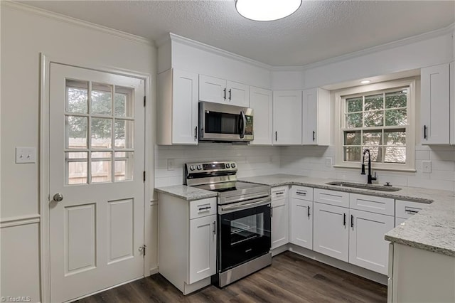 4814 Tower Rd, Greensboro, NC 27410 - kitchen featuring stainless steel appliances, a sink, dark wood-type flooring, ornamental molding, and light stone countertops