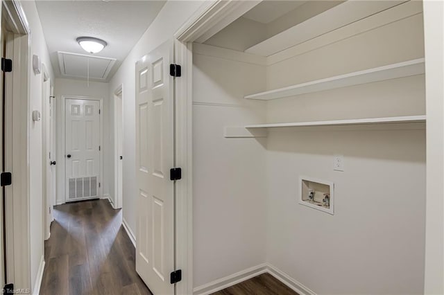 4814 Tower Rd, Greensboro, NC 27410 - washroom featuring attic access, washer hookup, dark wood-style floors, and baseboards