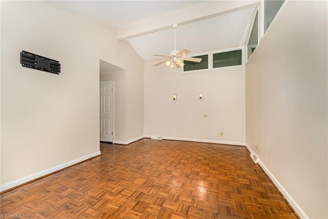 657 Spring St, Walnut Cove, NC 27052 - empty room with a ceiling fan, beam ceiling, baseboards, and high vaulted ceiling