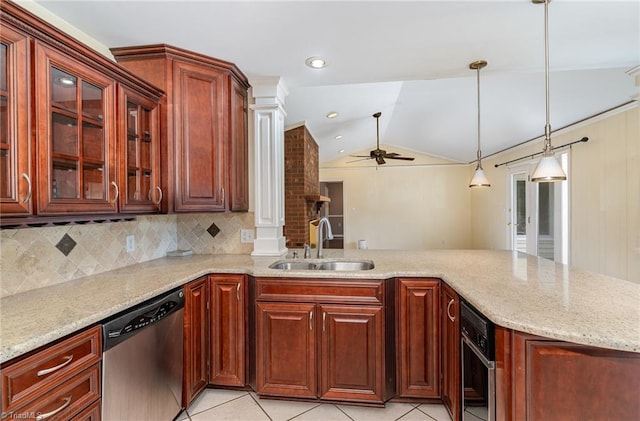 657 Spring St, Walnut Cove, NC 27052 - kitchen with dishwasher, a sink, a ceiling fan, light stone countertops, and decorative backsplash
