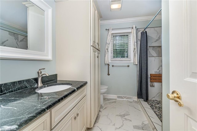 657 Spring St, Walnut Cove, NC 27052 - full bathroom featuring marble look tile flooring, vanity, ornamental molding, a shower with shower curtain, and toilet