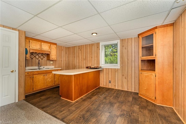 657 Spring St, Walnut Cove, NC 27052 - kitchen featuring a peninsula, a drop ceiling, light countertops, dark wood-style flooring, and a sink