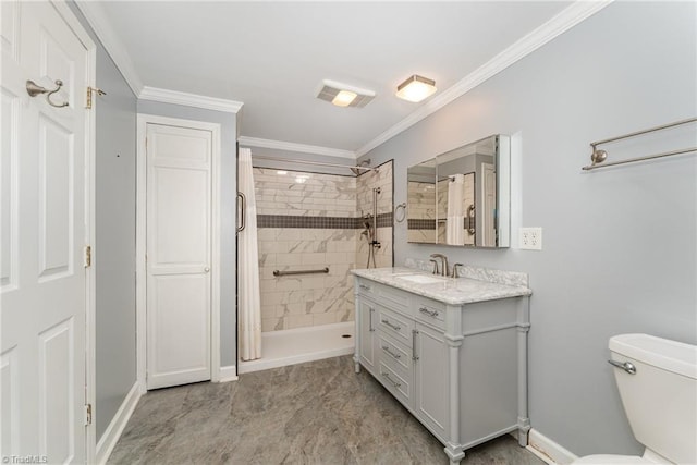 657 Spring St, Walnut Cove, NC 27052 - full bathroom featuring vanity, tiled shower, toilet, ornamental molding, and baseboards