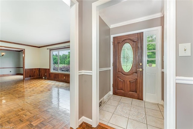 657 Spring St, Walnut Cove, NC 27052 - entrance foyer with crown molding, wainscoting, wooden walls, and baseboards