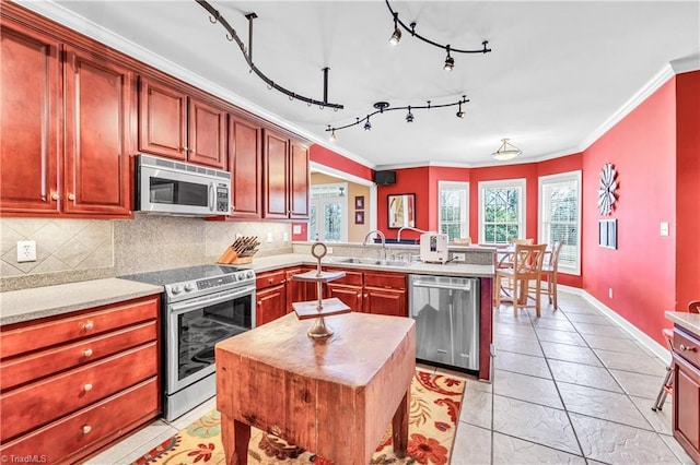 kitchen with decorative backsplash, appliances with stainless steel finishes, ornamental molding, a sink, and a peninsula