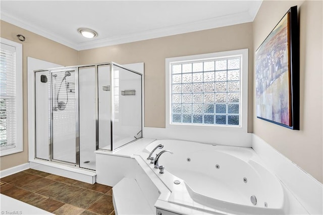 bathroom with a tub with jets, a stall shower, tile patterned floors, and crown molding