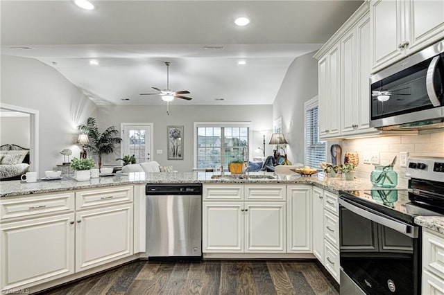 kitchen featuring stainless steel appliances, dark hardwood / wood-style floors, vaulted ceiling, and kitchen peninsula