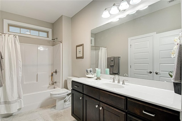 full bathroom with shower / bath combination with curtain, vanity, toilet, and tile patterned floors