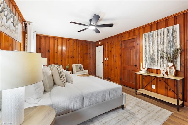 252 Lucerne Ln NW, Winston-Salem, NC 27104 - bedroom with light wood-style flooring, wood walls, and ceiling fan