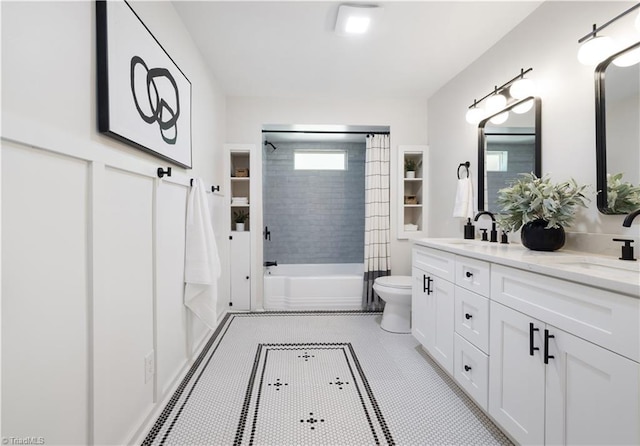 252 Lucerne Ln NW, Winston-Salem, NC 27104 - bathroom featuring double vanity, shower / bathtub combination with curtain, toilet, and tile patterned floors