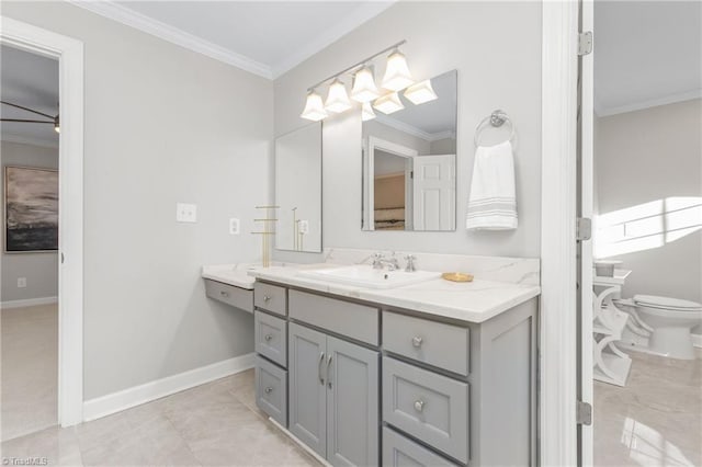 bathroom featuring tile patterned floors, toilet, vanity, and ornamental molding