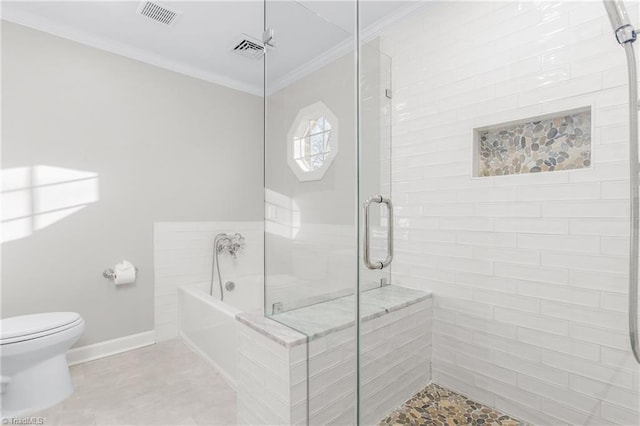 bathroom featuring toilet, ornamental molding, and shower with separate bathtub