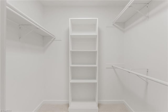 walk in closet featuring light colored carpet