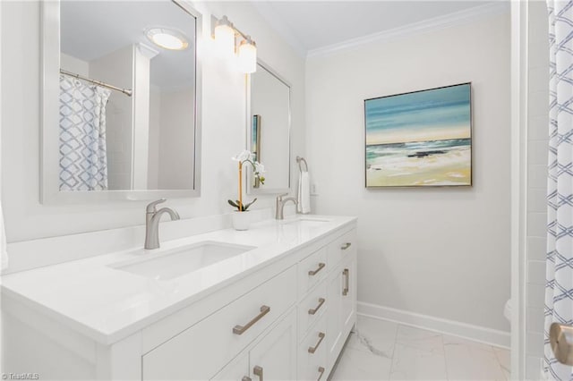 bathroom featuring vanity and ornamental molding