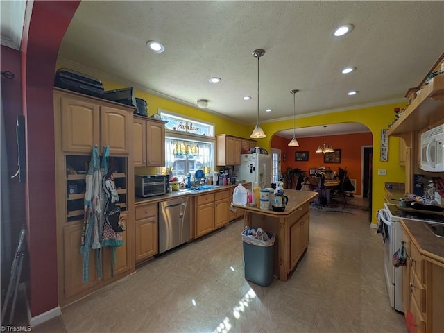 kitchen with arched walkways, a center island, ornamental molding, a textured ceiling, and white appliances